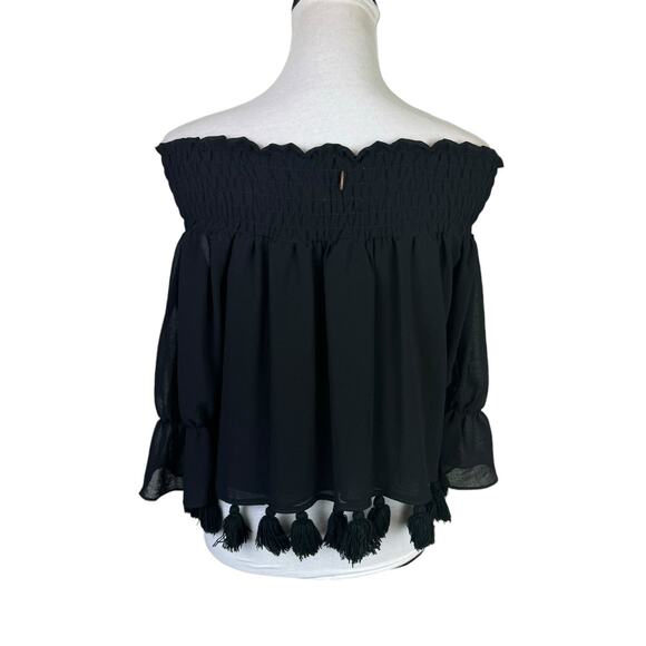 MISA Los Angeles Fontaine Black Off the Shoulder Pom Pom Tassel 3/4 Sleeve Top - Picture 5 of 11